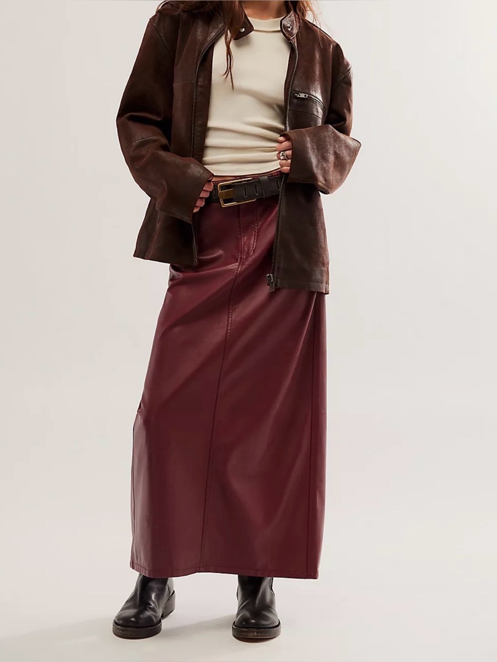 Free People Burgundy Faux Leather Maxi Skirt